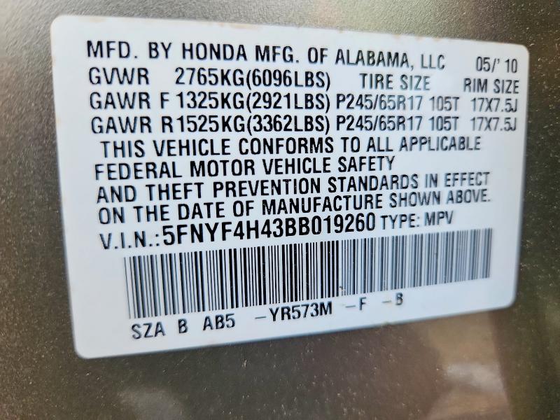 Продаж на аукціоні авто 2011 Honda Pilot, vin: 5FNYF4H43BB019260, номер лоту: 85992435