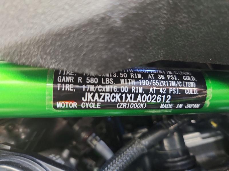 56646296 :رقم المزاد ، JKAZRCK1XLA002612 vin ، 2020 Kawasaki Zr1000 مزاد بيع