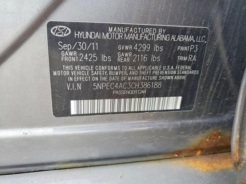 58887616 :رقم المزاد ، 5NPEC4AC3CH386188 vin ، 2012 Hyundai Sonata مزاد بيع