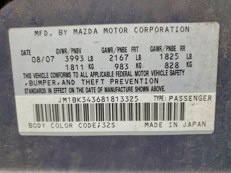Продаж на аукціоні авто 2008 Mazda 3, vin: JM1BK343681813325, номер лоту: 55906386