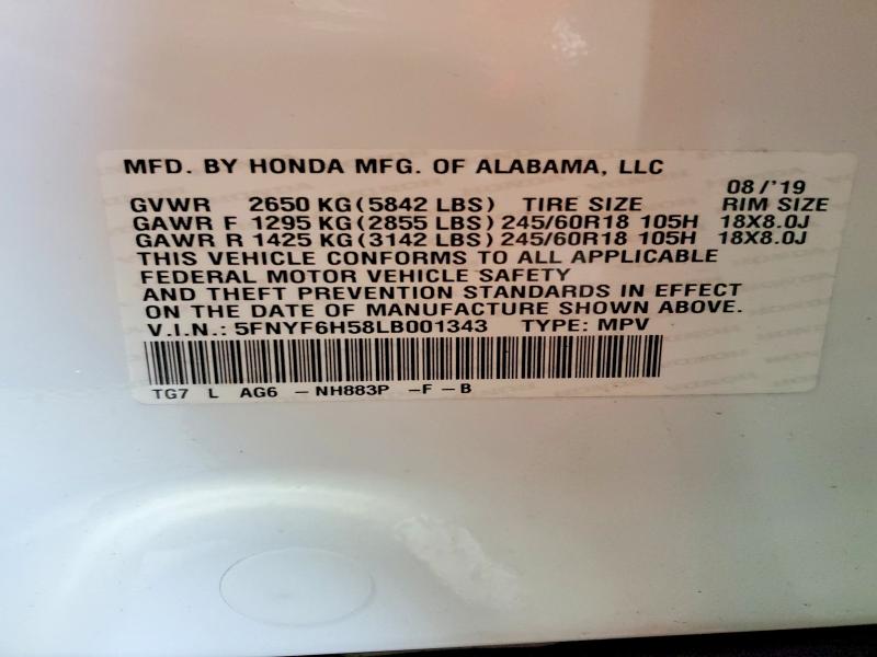 2020 Honda Pilot მანქანა იყიდება აუქციონზე, vin: 5FNYF6H58LB001343, აუქციონის ნომერი: 57166666