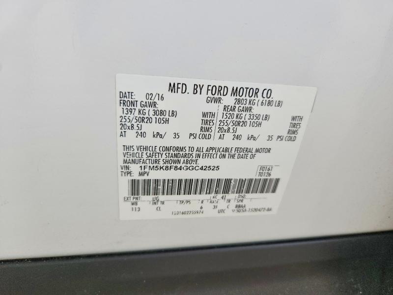 55189866 :رقم المزاد ، 1FM5K8F84GGC42525 vin ، 2016 Ford Explorer مزاد بيع