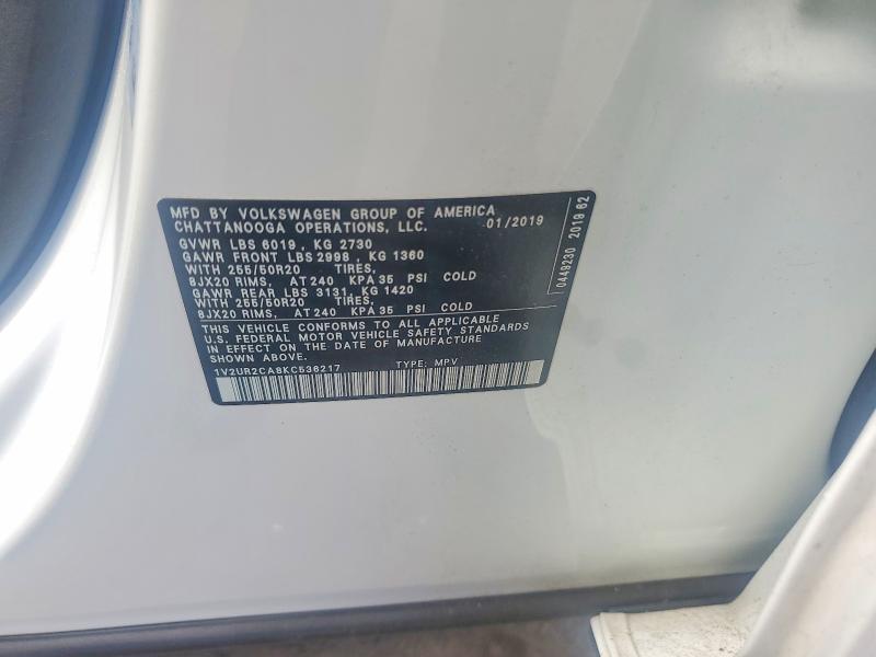 Продаж на аукціоні авто 2019 Volkswagen Atlas, vin: 1V2UR2CA8KC536217, номер лоту: 55588016