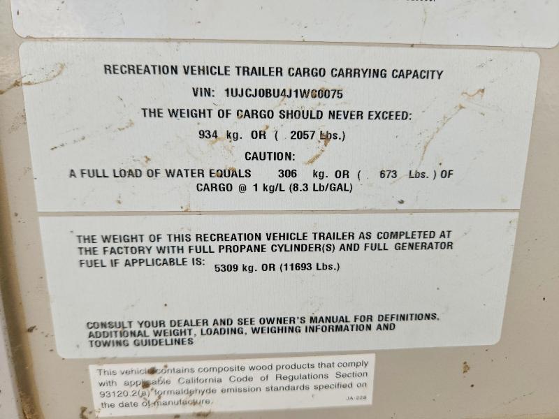 Продажа на аукционе авто 2018 Jayco Jay Recreational Vehicle (rv), vin: 1UJCJ0BU4J1WC0075, номер лота: 57017096
