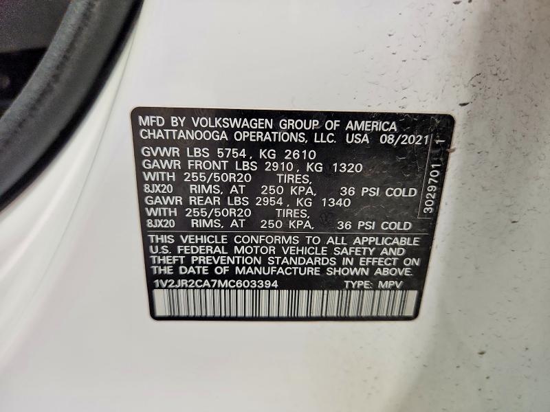 Aukcja sprzedaży 2021 Volkswagen Atlas, vin: 1V2JR2CA7MC603394, numer aukcji: 57177376