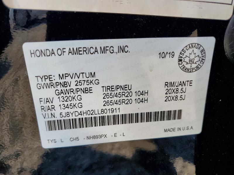 2020 Acura Mdx მანქანა იყიდება აუქციონზე, vin: 5J8YD4H02LL801911, აუქციონის ნომერი: 57825626