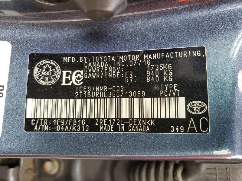 Продажа на аукционе авто 2016 Toyota Corolla, vin: 2T1BURHE3GC713069, номер лота: 58763936