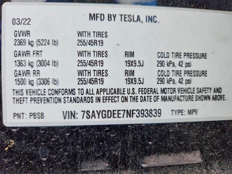 Auction sale of the 2022 Tesla Model  Y, vin: 7SAYGDEE7NF393839, lot number: 56511956