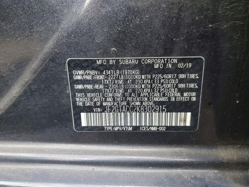 Aukcja sprzedaży 2019 Subaru Crosstrek, vin: JF2GTACC2K8302915, numer aukcji: 57608036