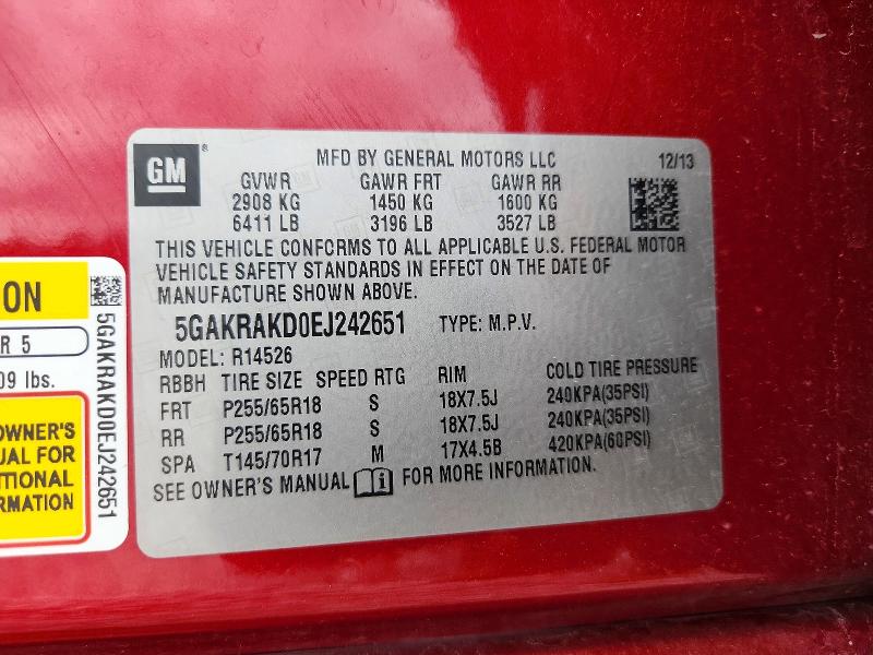 58034686 :رقم المزاد ، 5GAKRAKD0EJ242651 vin ، 2014 Buick Enclave مزاد بيع
