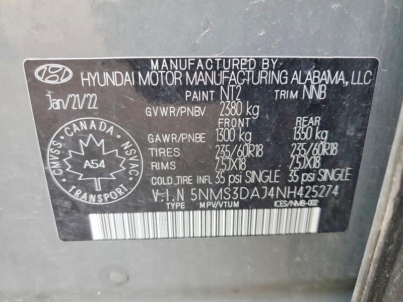 Продаж на аукціоні авто 2022 Hyundai Santa Fe, vin: 5NMS3DAJ4NH425274, номер лоту: 58029426