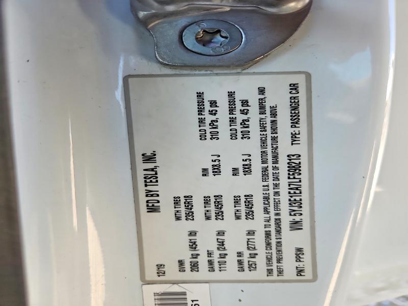 2020 Tesla Model 3 მანქანა იყიდება აუქციონზე, vin: 5YJ3E1EA7LF598213, აუქციონის ნომერი: 58938086