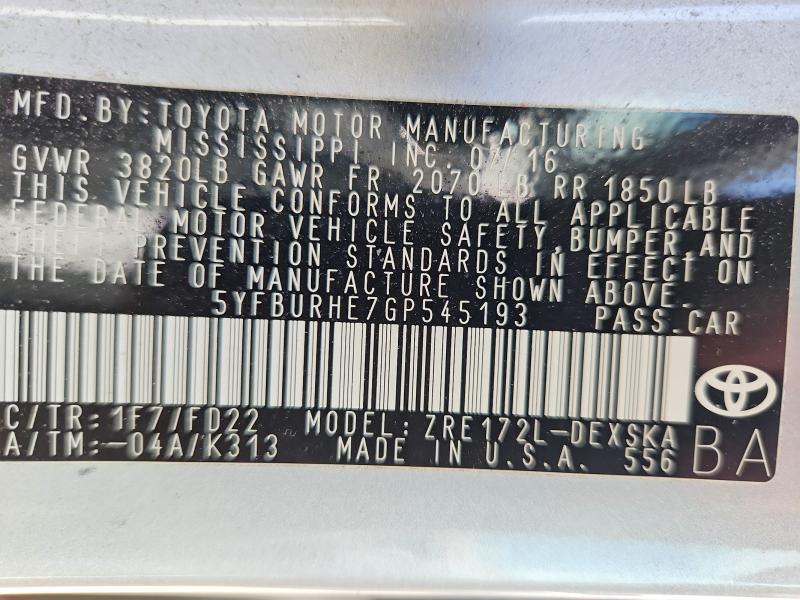 Aukcja sprzedaży 2016 Toyota Corolla, vin: 5YFBURHE7GP545193, numer aukcji: 85603295