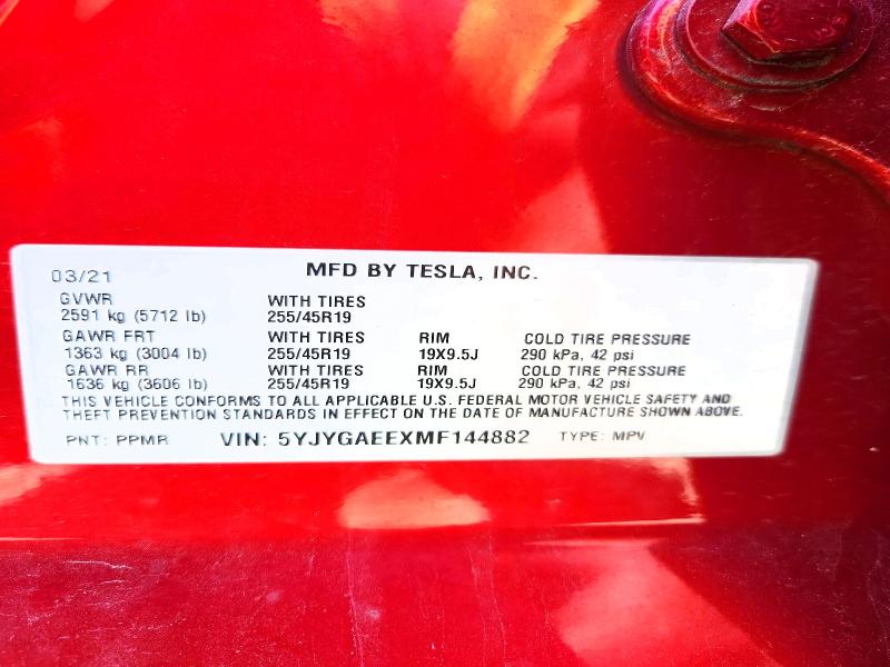 Aukcja sprzedaży 2021 Tesla Model Y, vin: 5YJYGAEEXMF144882, numer aukcji: 57697576