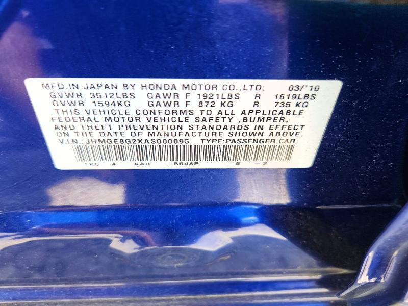 58490166 :رقم المزاد ، JHMGE8G2XAS000095 vin ، 2010 Honda Fit مزاد بيع