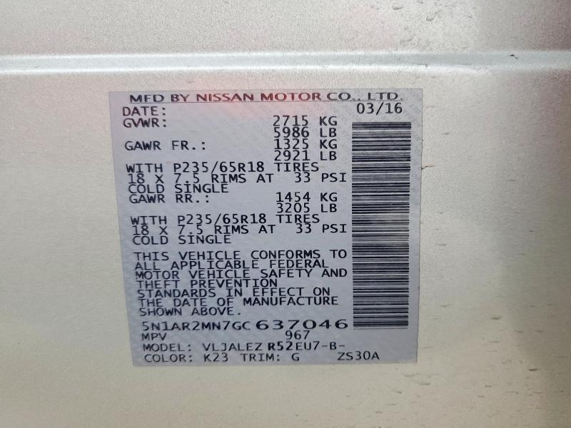 2016 Nissan Pathfinder მანქანა იყიდება აუქციონზე, vin: 5N1AR2MN7GC637046, აუქციონის ნომერი: 58263746