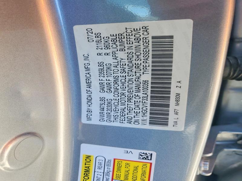 2020 Honda Accord მანქანა იყიდება აუქციონზე, vin: 1HGCV1F33LA100356, აუქციონის ნომერი: 55909276