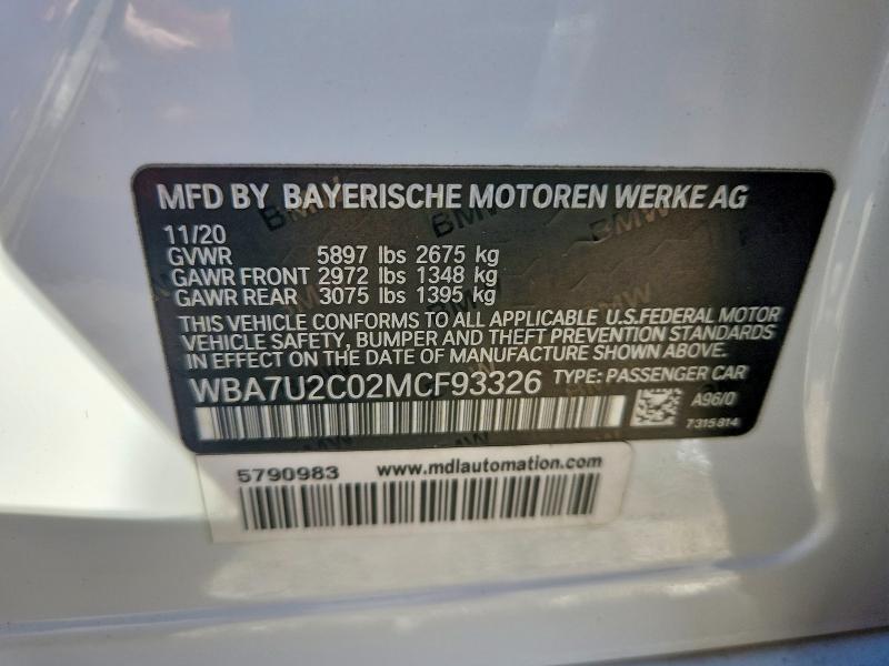 57073716 :رقم المزاد ، WBA7U2C02MCF93326 vin ، 2021 Bmw 750 مزاد بيع