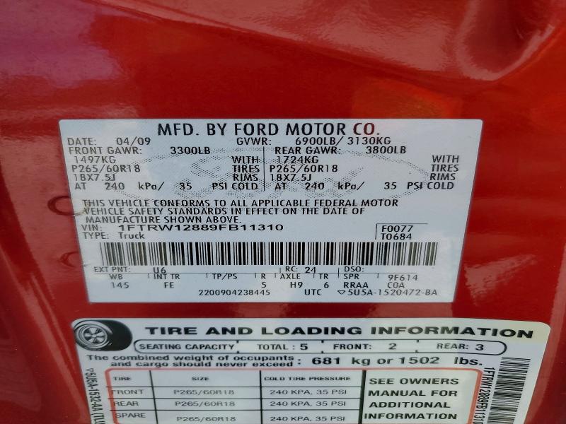 Продажа на аукционе авто 2009 Ford F150, vin: 1FTRW12889FB11310, номер лота: 55724686
