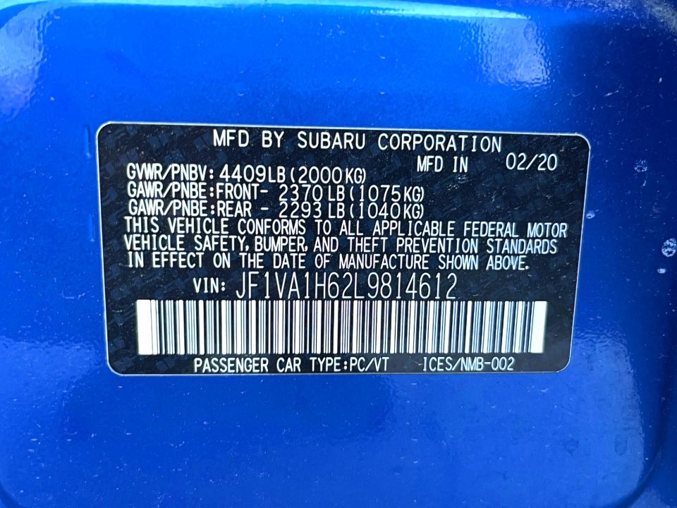Aukcja sprzedaży 2020 Subaru Wrx, vin: JF1VA1H62L9814612, numer aukcji: 57600536