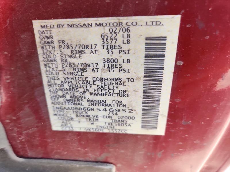 2006 Nissan Titan მანქანა იყიდება აუქციონზე, vin: 1N6AA06B66N546952, აუქციონის ნომერი: 57762446
