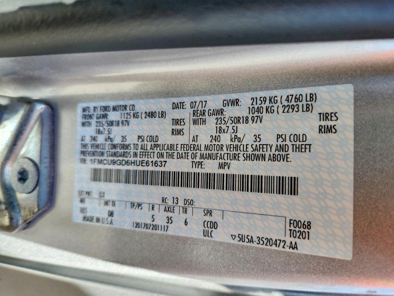 2017 Ford Escape მანქანა იყიდება აუქციონზე, vin: 1FMCU9GD6HUE61637, აუქციონის ნომერი: 55532886