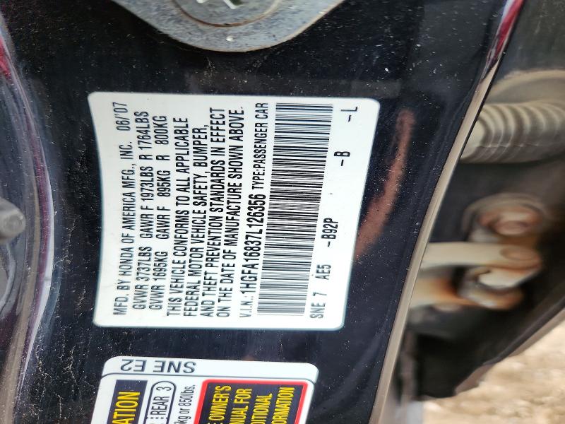 Продаж на аукціоні авто 2007 Honda Civic, vin: 1HGFA16837L126356, номер лоту: 56186036