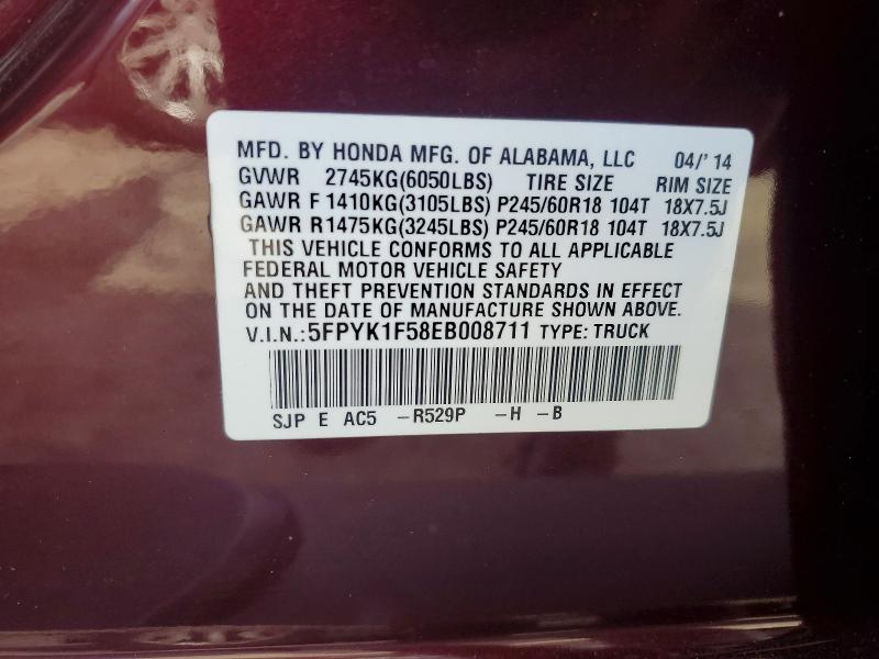 2014 Honda Ridgeline მანქანა იყიდება აუქციონზე, vin: 5FPYK1F58EB008711, აუქციონის ნომერი: 56507336