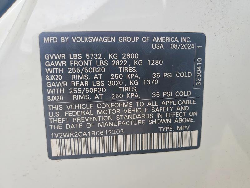 2024 Volkswagen Atlas მანქანა იყიდება აუქციონზე, vin: 1V2WR2CA1RC612203, აუქციონის ნომერი: 55602076