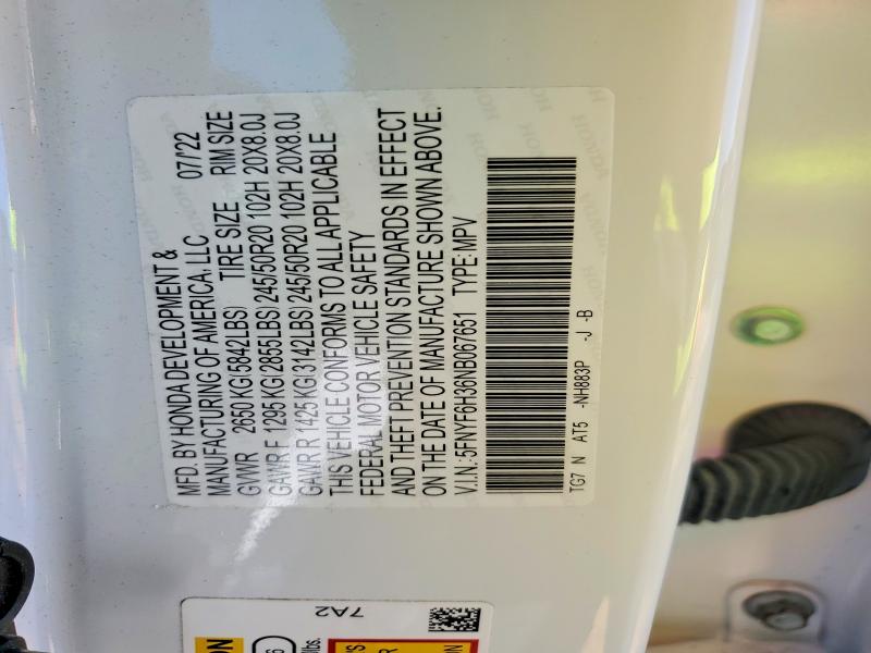 2022 Honda Pilot მანქანა იყიდება აუქციონზე, vin: 5FNYF6H36NB067651, აუქციონის ნომერი: 56164976