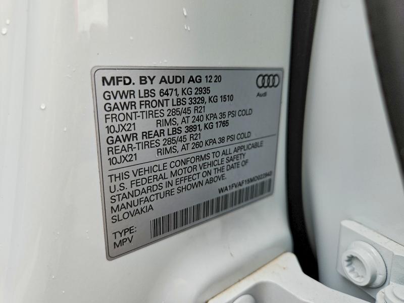 57359696 :رقم المزاد ، WA1FVAF15MD022943 vin ، 2021 Audi Q8 مزاد بيع