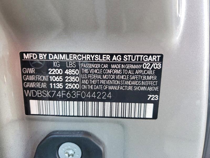 Продаж на аукціоні авто 2003 Mercedes-benz Sl, vin: WDBSK74F63F044224, номер лоту: 57021226