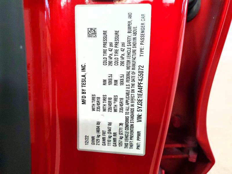 58086376 :رقم المزاد ، 5YJ3E1EA4PF435072 vin ، 2023 Tesla Model 3 مزاد بيع