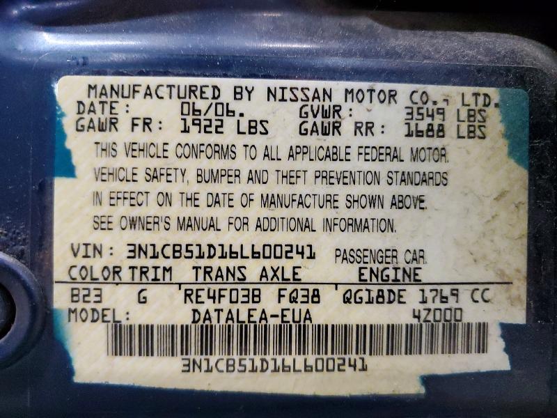 Продаж на аукціоні авто 2006 Nissan Sentra, vin: 3N1CB51D16L600241, номер лоту: 55319616