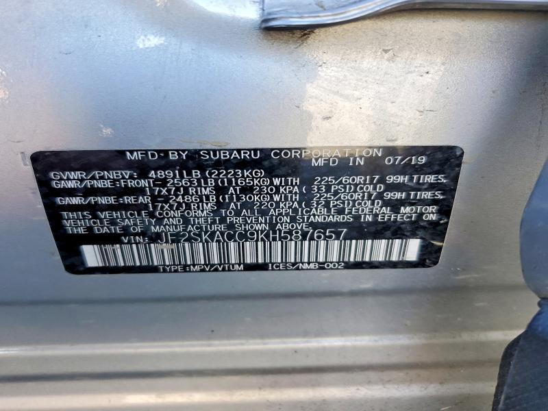 Auction sale of the 2019 Subaru Forester, vin: JF2SKACC9KH587657, lot number: 56701896