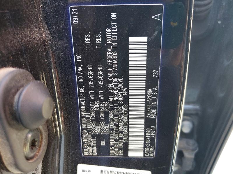 57222846 :رقم المزاد ، 5TDHBRCH5MS067358 vin ، 2021 Toyota Highlander مزاد بيع