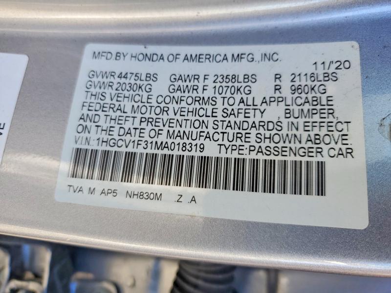 Продажа на аукционе авто 2021 Honda Accord, vin: 1HGCV1F31MA018319, номер лота: 55504576