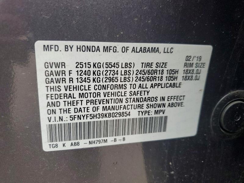 58593356 :رقم المزاد ، 5FNYF5H39KB029854 vin ، 2019 Honda Pilot مزاد بيع