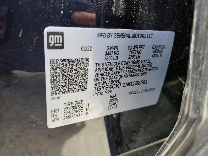 2022 Cadillac Escalade მანქანა იყიდება აუქციონზე, vin: 1GYS4CKL1NR192581, აუქციონის ნომერი: 55979426