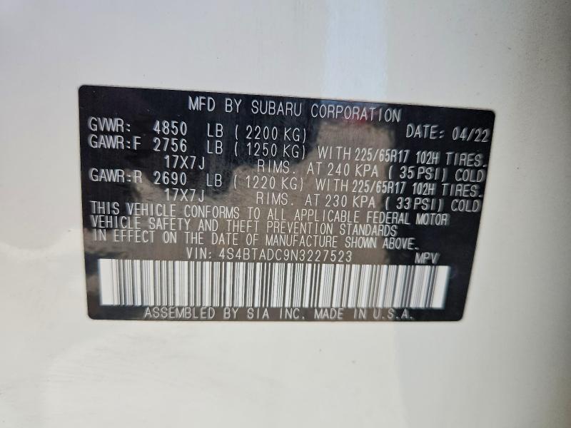 Aukcja sprzedaży 2022 Subaru Outback, vin: 4S4BTADC9N3227523, numer aukcji: 58726826