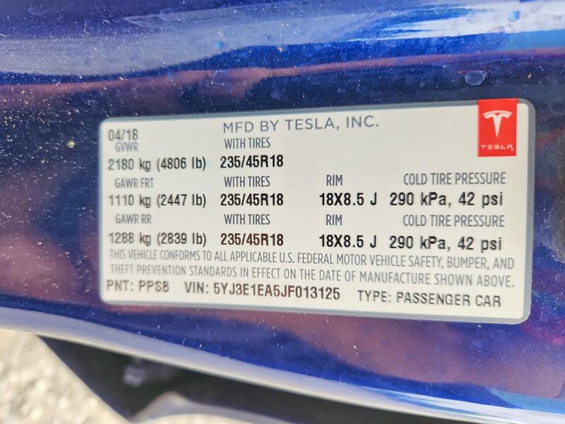 2018 Tesla Model 3 მანქანა იყიდება აუქციონზე, vin: 5YJ3E1EA5JF013125, აუქციონის ნომერი: 55026746