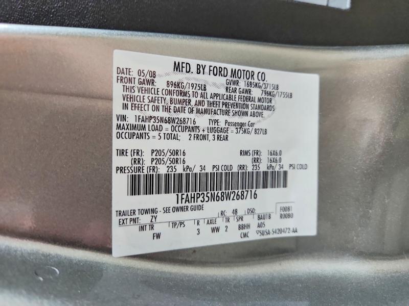 58317046 :رقم المزاد ، 1FAHP35N68W268716 vin ، 2008 Ford Focus مزاد بيع