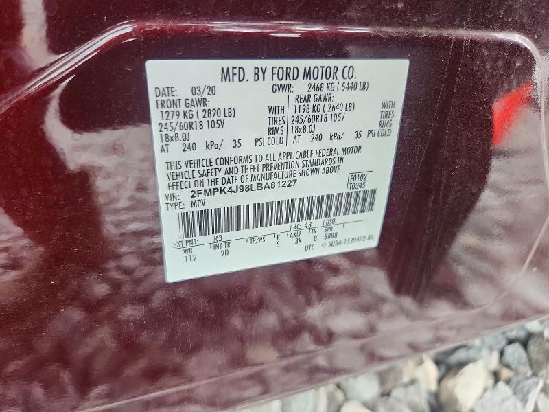2020 Ford Edge მანქანა იყიდება აუქციონზე, vin: 2FMPK4J98LBA81227, აუქციონის ნომერი: 56788516