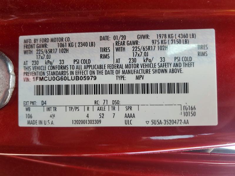 Aukcja sprzedaży 2020 Ford Escape, vin: 1FMCU0G60LUB05979, numer aukcji: 58790336