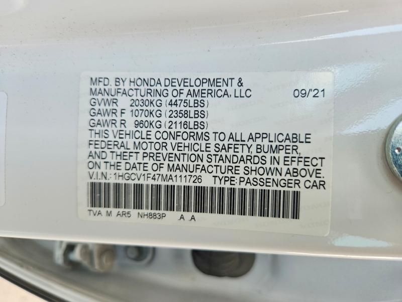 57617226 :رقم المزاد ، 1HGCV1F47MA111726 vin ، 2021 Honda Accord مزاد بيع