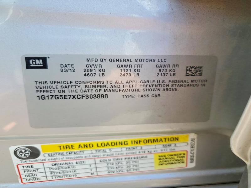 2012 Chevrolet Malibu მანქანა იყიდება აუქციონზე, vin: 1G1ZG5E7XCF303898, აუქციონის ნომერი: 58623686