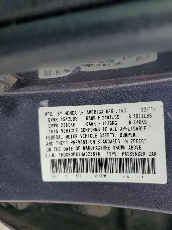 Aukcja sprzedaży 2017 Honda Accord, vin: 1HGCR3F81HA026678, numer aukcji: 57865086