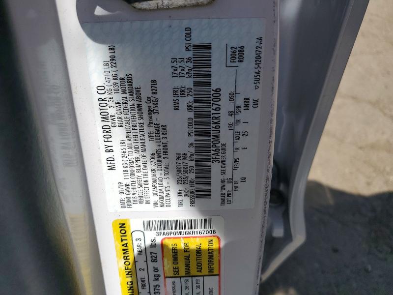 2019 Ford Fusion მანქანა იყიდება აუქციონზე, vin: 3FA6P0MU6KR167006, აუქციონის ნომერი: 57551376