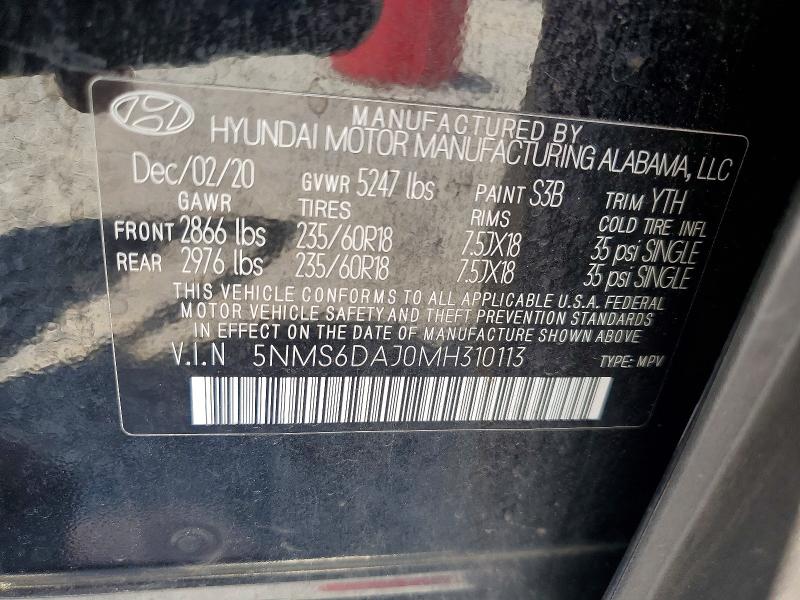 2021 Hyundai Santa Fe მანქანა იყიდება აუქციონზე, vin: 5NMS6DAJ0MH310113, აუქციონის ნომერი: 56894626