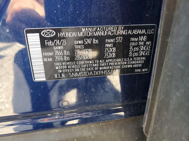 2023 Hyundai Santa Fe მანქანა იყიდება აუქციონზე, vin: 5NMS1DAJXPH557433, აუქციონის ნომერი: 58250396